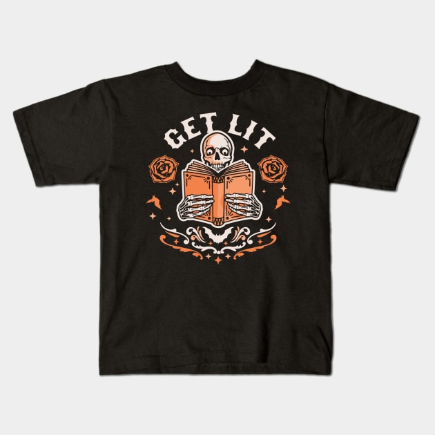 Get Lit Literature Skeleton Reading Book Library Book Lover Kids T-Shirt by OrangeMonkeyArt